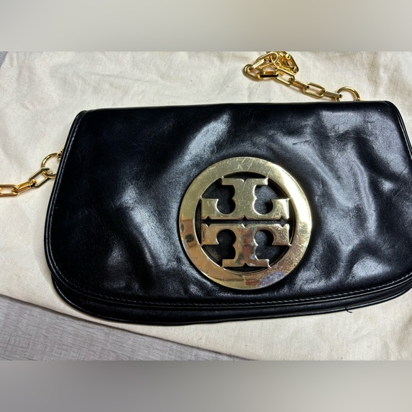 Tory burch Gold Metal logo Black Flap Crossbody - Picture 2 of 9